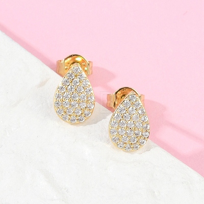 Teardrop Brass Micro Pave Clear Cubic Zirconia Stud Earrings EJEW-Z091-01G-1