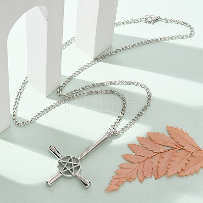 Upside Down Cross & Star Alloy Pendant Pendant Twisted Chain Necklaces for Women NJEW-NH0001-03P-1