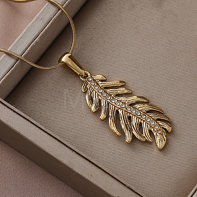304 Stainless Steel Crystal Rhinestone Leaf Pendant Necklace for Women EA5078-1