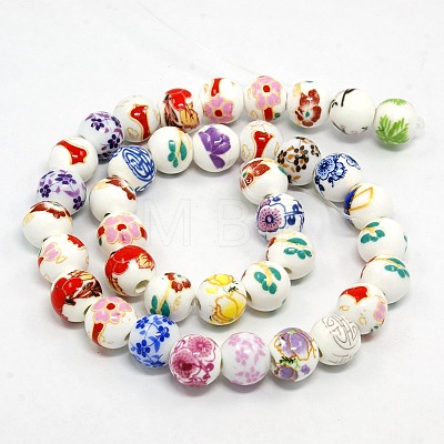 Mixed Styles Handmade Flower Printed Porcelain Ceramic Round Beads Strands PORC-M004-02M-1