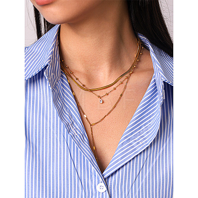 304 Stainless Steel Pave Clear Cubic Zirconia Teardrop Long Tassel Pendant 3 Layer Chain Necklaces for Women WGE5E69-01-1