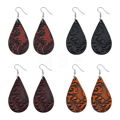 FIBLOOM 4 Pairs 4 Colors PU Leather Dangle Earrings with Steel Iron Pins EJEW-FI0003-09-1