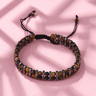 Natural Tiger Eye and Synthetic Hematite Adjustable Braided Bead Bracelets BJEW-H626-01-05-1