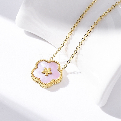 304 Stainless Steel Pave Natural Pink Shell Flower Pendant Necklaces for Women NJEW-U032-16G-01-1