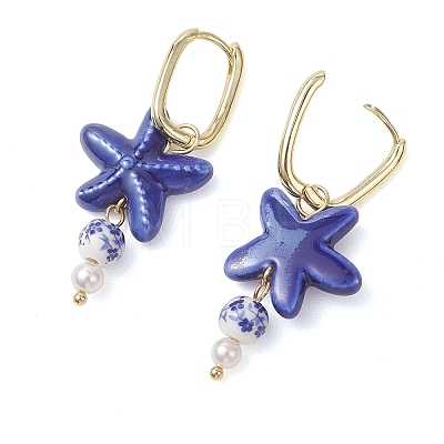 Porcelain & Shell Pearl Bead Dangle Hoop Earrings EJEW-JE07244-1