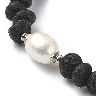Natural Lava Rock & Pearl & Brass Beaded Stretch Bracelets BJEW-JB09493-02-1