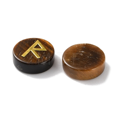 Brass Elder Futhark Alphabet Engraved Symbol Flat Round Natural Tiger Eye Rune Stones G-I373-01L-1