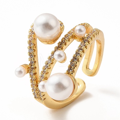 Cubic Zirconia Chunky Open Cuff Ring with Imitation Pearl RJEW-H101-20G-1
