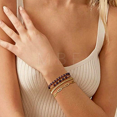 4Pcs 4 Styles Natural Amethyst & Brass Round Beads Stretch Bracelets & Paperclip Chain Bracelets for Women VT5257-1-1