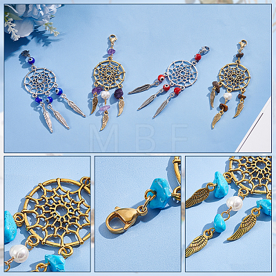  16Pcs 2 Style Woven Web/Net with Feather Alloy Pendant Decoration HJEW-NB0001-82-1