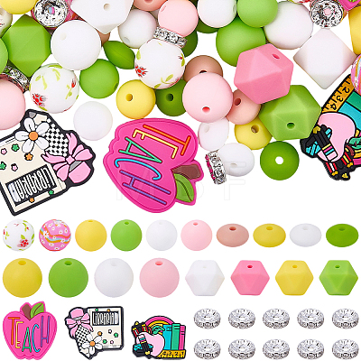 95Pcs 21 Styles Printed Round Silicone Focal Beadsm with 10Pcs Brass Rhinestone Spacer Beads SIL-BM0001-12-1