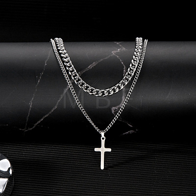 Stainless Steel Cross Pendant Double Layer Necklaces PW-WG88E37-01-1