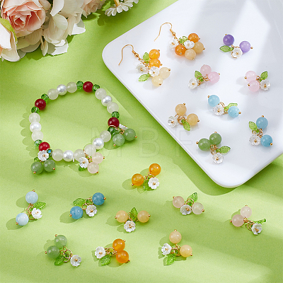 36Pcs 6 Styles Dyed Natural Malaysia Jade & Yellow Jade & Dyed Green Jade & Topaz Jade & White Jade Round Pendants with Resin Flower and Acrylic Leaf HJEW-BM0001-36-1