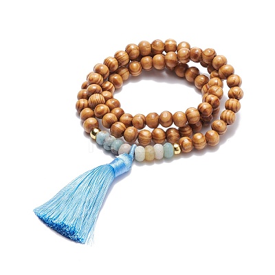 Natural Flower Amazonite & Wood Round Beaded Wrap Bracelet BJEW-JB08092-1