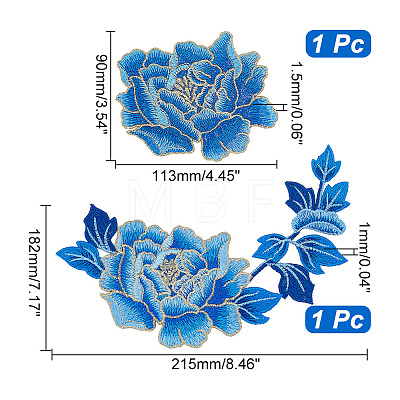  2Pcs 2 Style Peony Polyester Embroidery Sew on Clothing Patches PATC-NB0001-11B-1