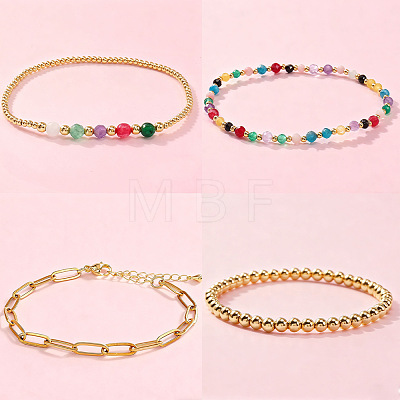 4Pcs 4 Styles 304 Paperclip Chain Bracelets & Brass Round Beads Stretch Bracelets & Natural Mixed Gemstone Round Beads Stretch Bracelets Set for Women AS2287-1-1