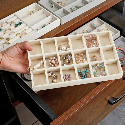 18 Grids Rectangle Wood Covered with Velvet Jewelry Trinket Display Trays LS-AJEW-WH20054-062H-01-1