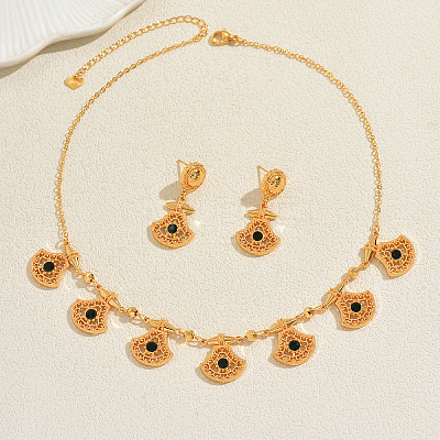 Ethnic Style Brass Micro Pave Cubic Zirconia Filigree Fan Pendant Necklace & Stud Earrings Sets for Women KU3704-1