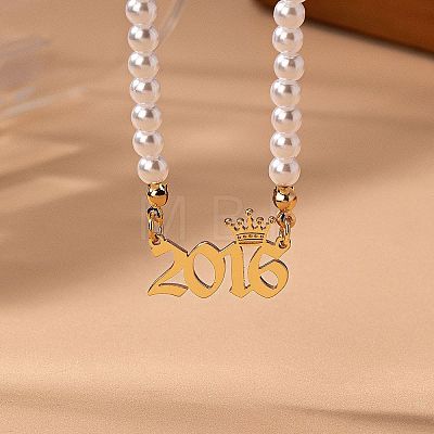Alloy Crown Birth Year Pendant Imitation Pearl Round White Beaded Necklaces for Women FS-WG173C9-13-1