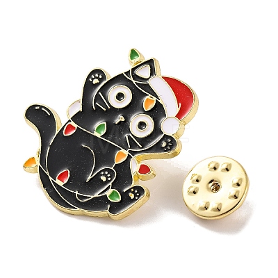 Christmas Theme Black Cat with Hat Enamel Pins JEWB-M043-04A-1