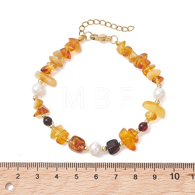 Natural Amber & Cultured Freshwater Pearl & Brass Beaded Bracelets for Women BJEW-JB13660-1