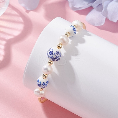 Handmade Porcelain & Natural Cultured Freshwater Pearl & Non-magnetic Synthetic Hematite Beaded Cuff Bangles for Women BJEW-JB14022-01-1