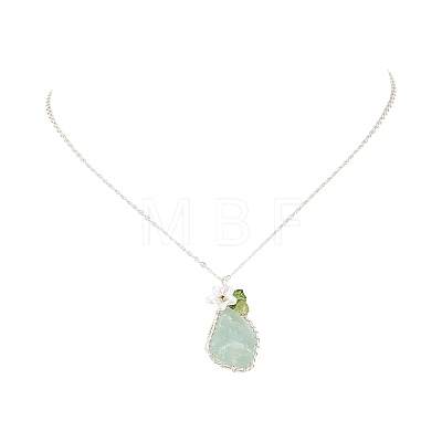 Raw Natural Green Fluorite Nuggets with Flower Wire Wrapped Pendant 304 Stainless Steel Cable Chain Necklaces NJEW-TA00268-1