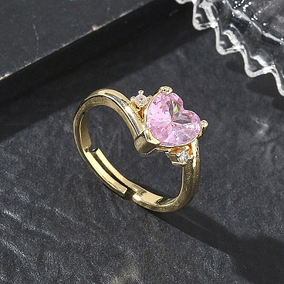 Adjustable Brass Finger Rings with Pink Heart Cubic Zirconia for Valentine's Day CU-CBA7E55-11G-1