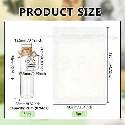 5Pcs Paw Print Glass Bottles AJEW-FG00021-1