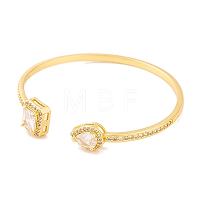 Rectangle & Teardrop Brass Pave Clear Cubic Zirconia Open Cuff Bangles with Glass for Women BJEW-S147-28B-G-1