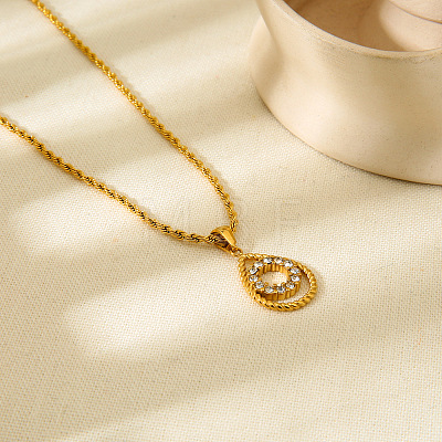 304 Stainless Steel Micro Pave Clear Cubic Zirconia Teardrop with Ring Pendant Necklaces for Women WGE593C-01-1