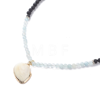 Natural Aquamarine & Lava Rock Beaded Necklace with Brass Charm NJEW-JN03997-1