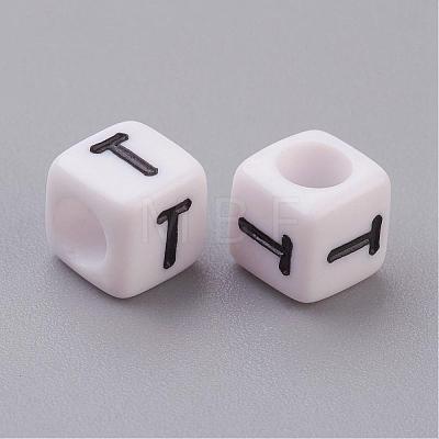 Letter T White Letter Acrylic Cube Beads X-PL37C9308-T-1