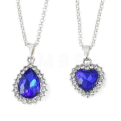 2Pcs 2 Styles Alloy Glass Teardrop Heart Pendant 304 Stainless Steel Rolo Chain Necklaces for Women NJEW-JN06499-1