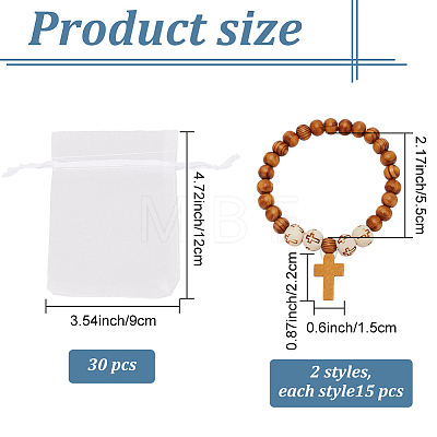 30Pcs 2 Style Natural Wood Round Beaded Stretch Bracelets with Cross Charms for Men Women BJEW-AR0001-08-1