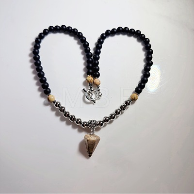 European 8mm Black Glass Beaded Natural Picture Jasper Pyramid Pendant Necklaces with Alloy OT Clasps for Men WW6368-2-1