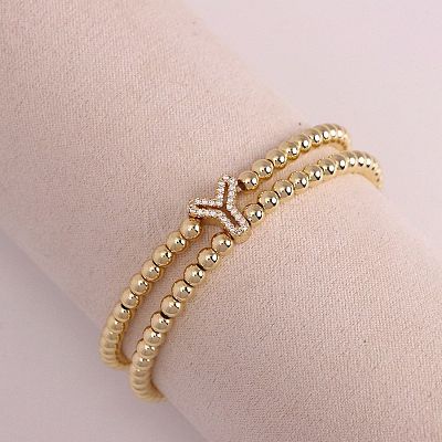 Brass Micro Pave Clear Cubic Zirconia Beads Double Strands Stretch Bracelets for Women FS-WGC7159-25-1