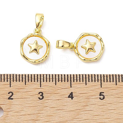 Rack Plating Brass Pave Shell Flat Round Charms with Star KK-K360-06G-1