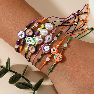 8Pcs Halloween Handmade Polymer Clay & Glass Seed Bead Woven Braided Bracelets MC3836-1