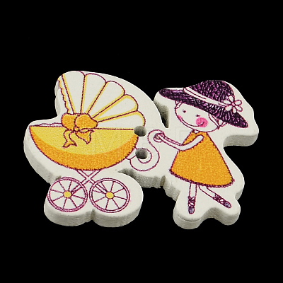 Woman and Pram 2-Hole Printed Wooden Buttons BUTT-R032-104-1