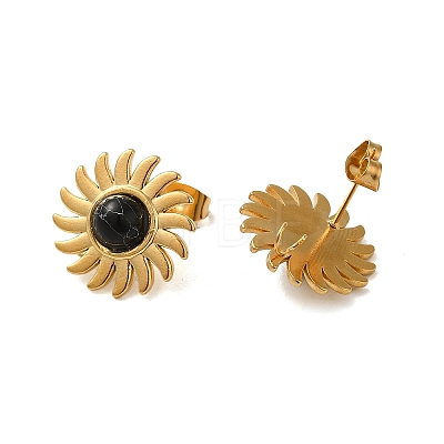 Natural Black Stone Sun Stud Earrings EJEW-D075-01D-G-1