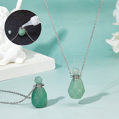 Natural Green Aventurine Faceted Perfume Bottle Pendant 304 Stainless Steel Cable Chain Necklaces NJEW-WH0002-268A-1