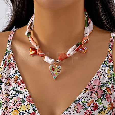 Printed Cloth Scarf Necklaces with Zinc Alloy & Resin Heart Pendants FS-WG7AF07-02-1