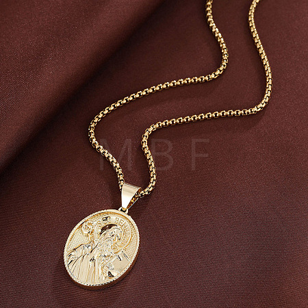Religion Brass Emboss Saint Oval Medal Pendant Necklaces for Men Women WGEF5D0-01-1