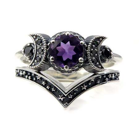 Gothic Purple Crystal Ring with Triple Moon Goddess - Black Diamond Jewelry for Women ST1124546-1