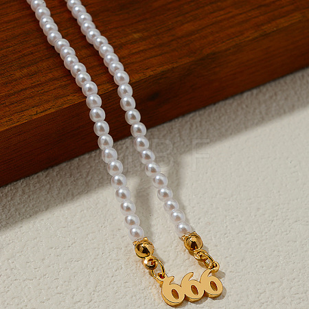 Alloy Number 666 Pendant Resin Imitation Pearl White Round Beaded Necklaces for Women FS-WGE7FDC-06-1
