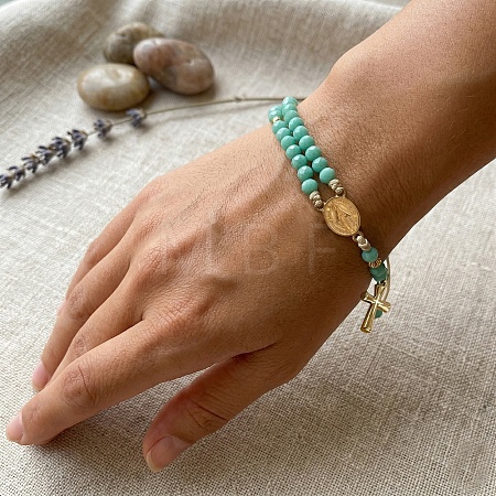 Faceted Rondelle Glass 2-Strand Braided Bead Bracelets with 314 Stainless Steel Religion Cross for Women UB2798-1