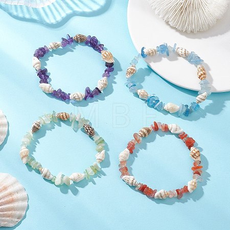 4Pcs Natural Mixed Gemstone & Sea Shell Beads Stretch Bracelets for Women BJEW-TA00710-1