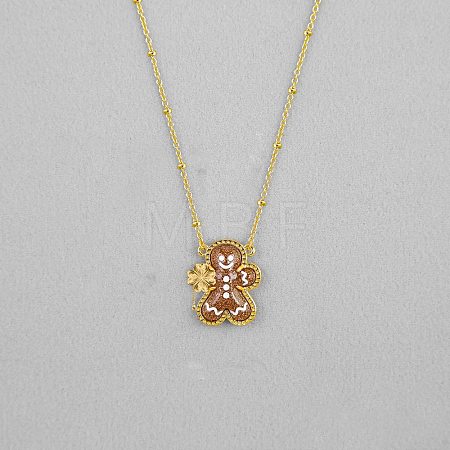 Christmas Brass Enamel Gingerbread Man with Clover Pendant Necklaces FS-WGDCCA1-01-1