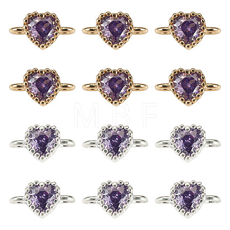 12Pcs 2 Colors Brass Pave Cubic Zirconia Heart Links Connector Charms KK-TA0003-48E-1
